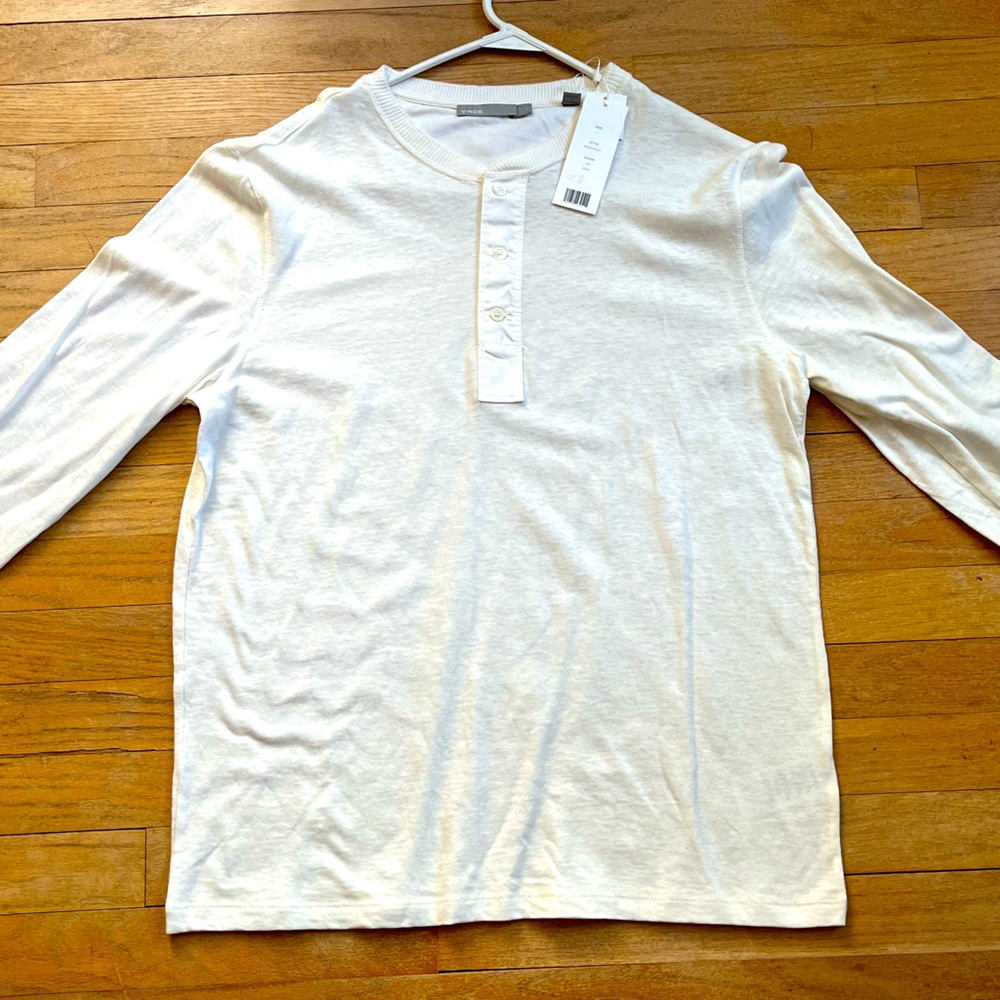 Vince Men's Cream-White Linen-Blend Henley Slim-Fit Shirt - Size Large